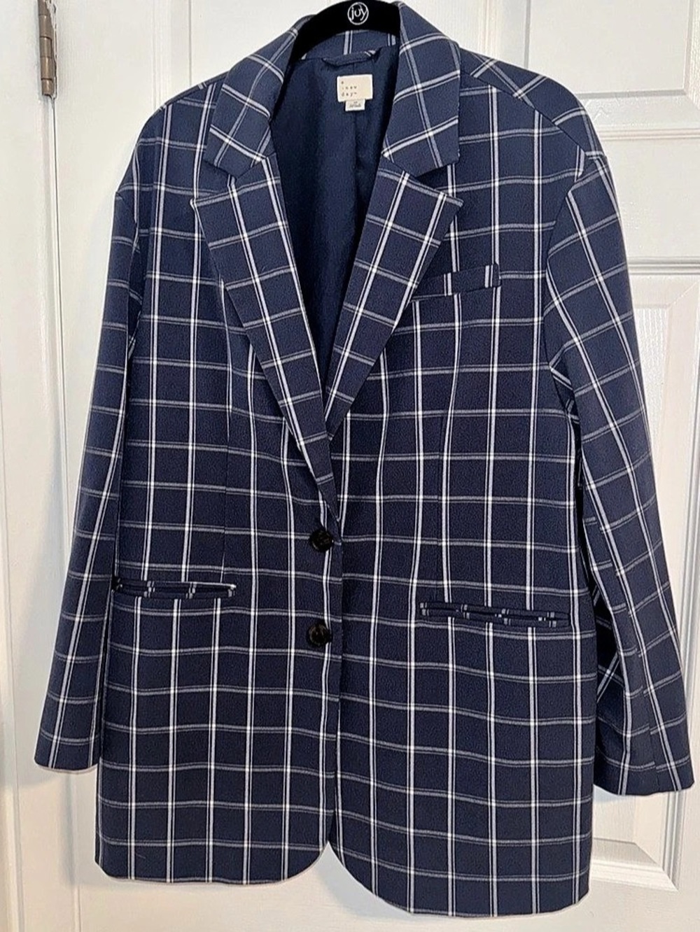A New Day Women's Long-Sleeve Plaid Button Blazer Blue & White